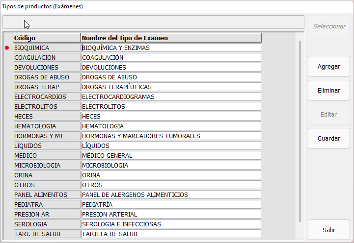 <p>Tipos de productos (exámenes)</p>