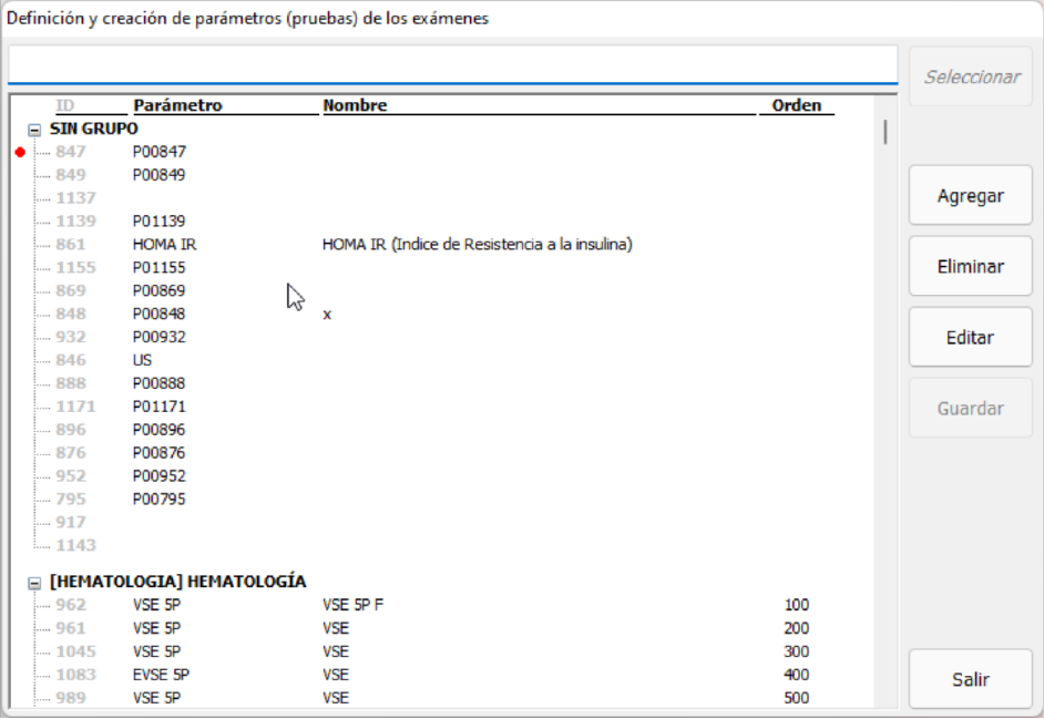 Definición y creación de parámetros (pruebas) de los exámenes
