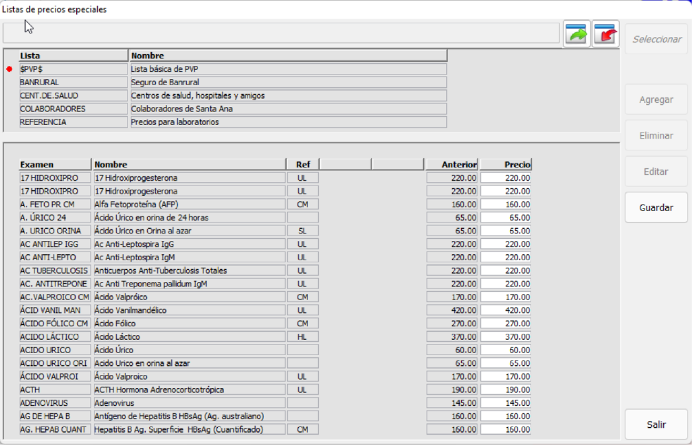 Modificación listado de precios especiales