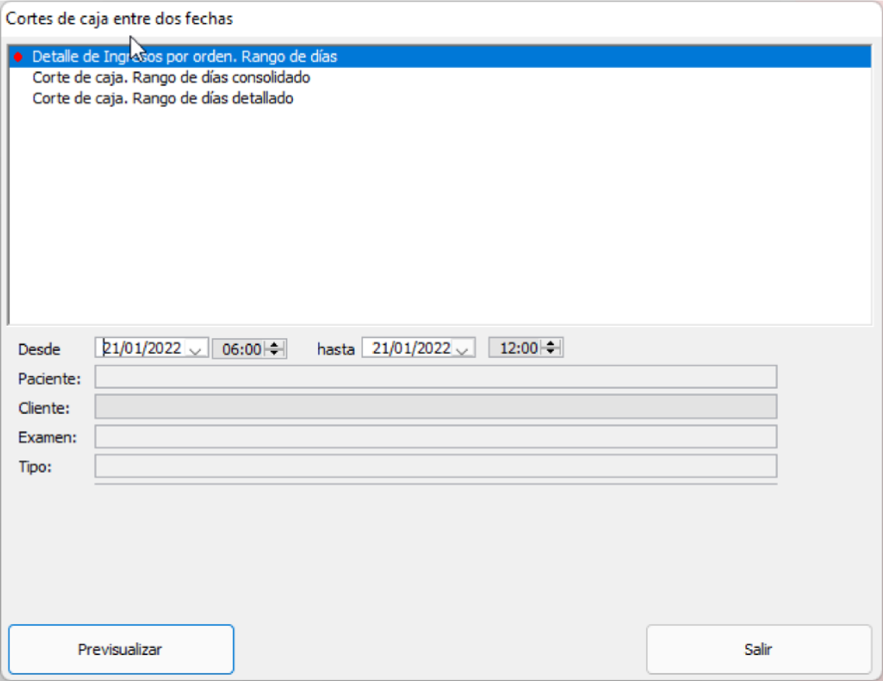 Corte de caja entre dos fechas (área superior)